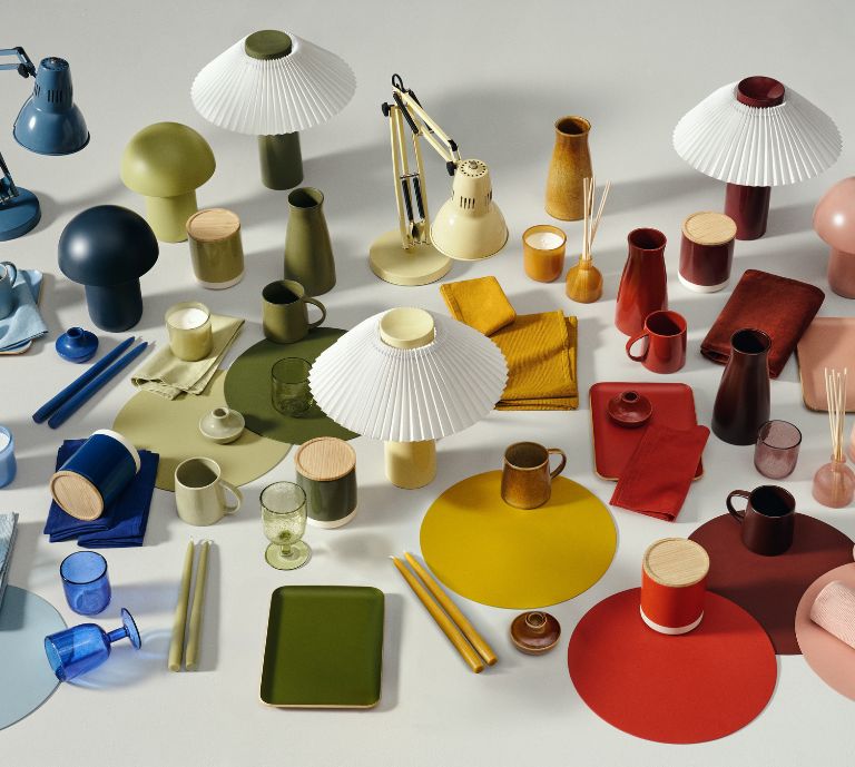 An image showing a variety of home accessories in a range of colours