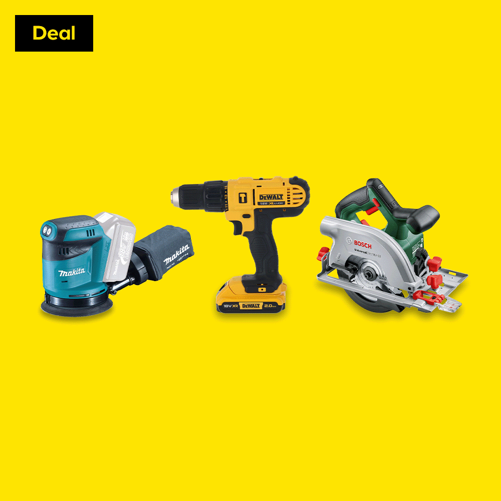 Image of makita sander, dewalt drill and bosch saw 