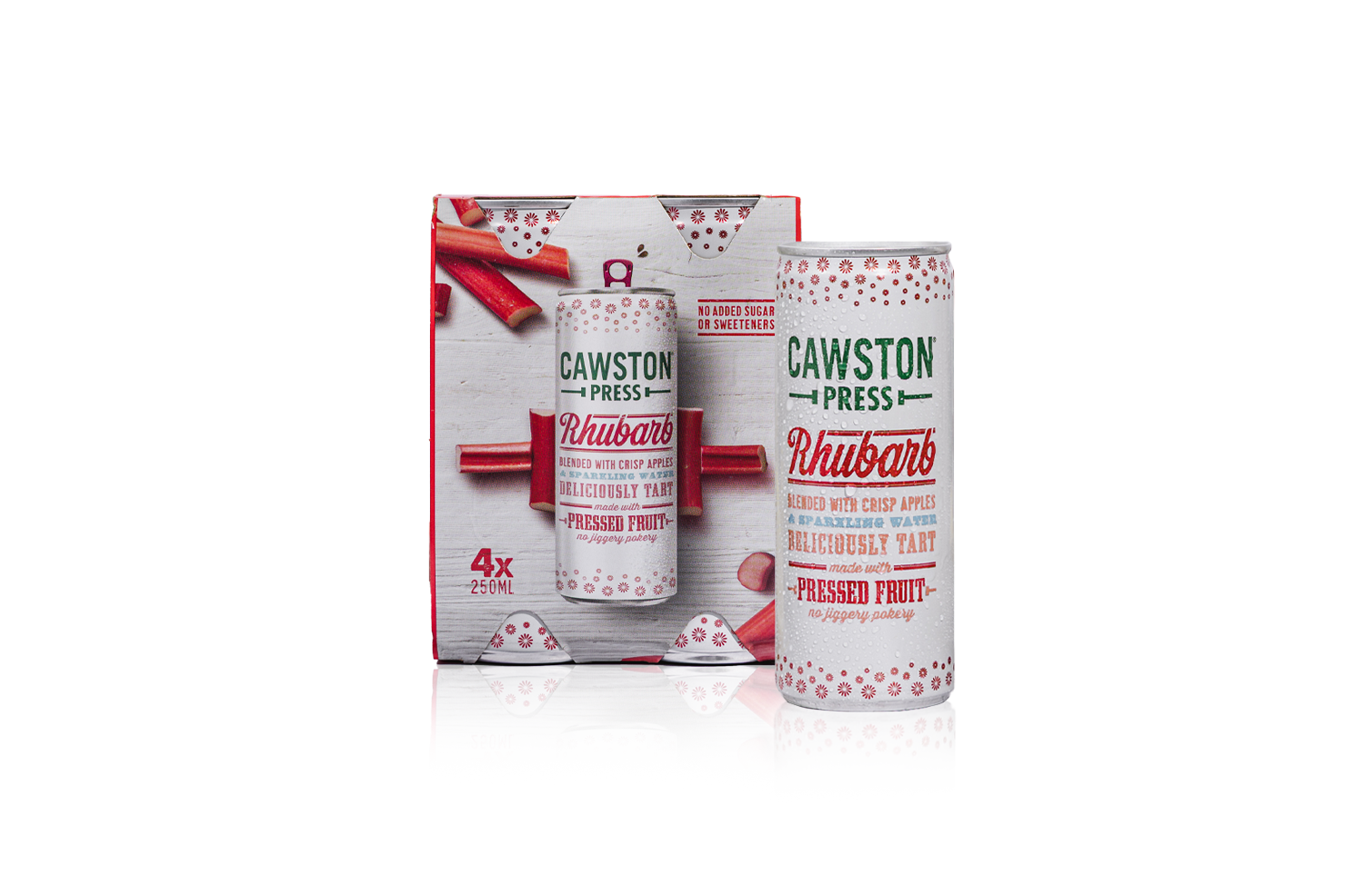 Multiple Cawston Press Sparkling Rhubarb Cans showcasing the new multipack size with heading 'Life's Best Pressed'