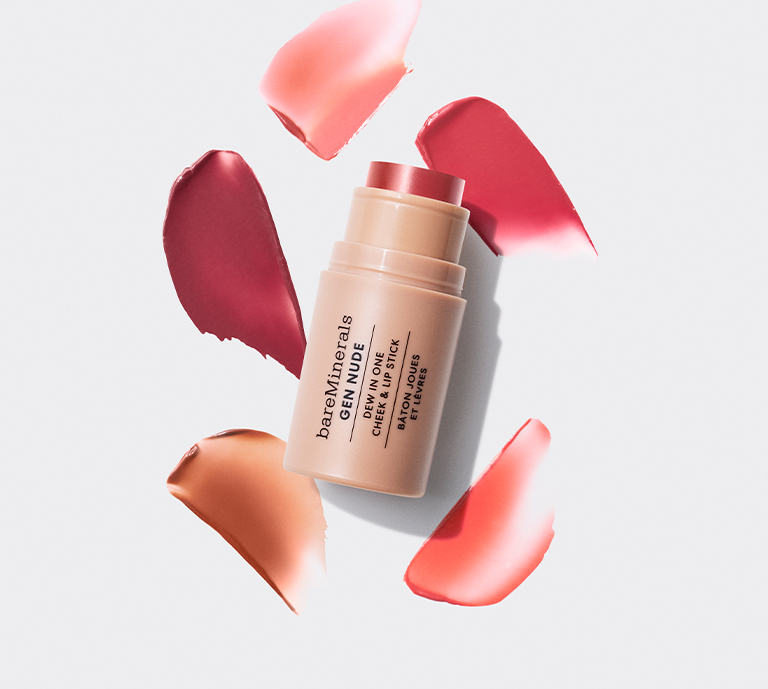 Image containing bareMinerals Gen Nude Cheek & Lip Stick with colour swatches behind it.