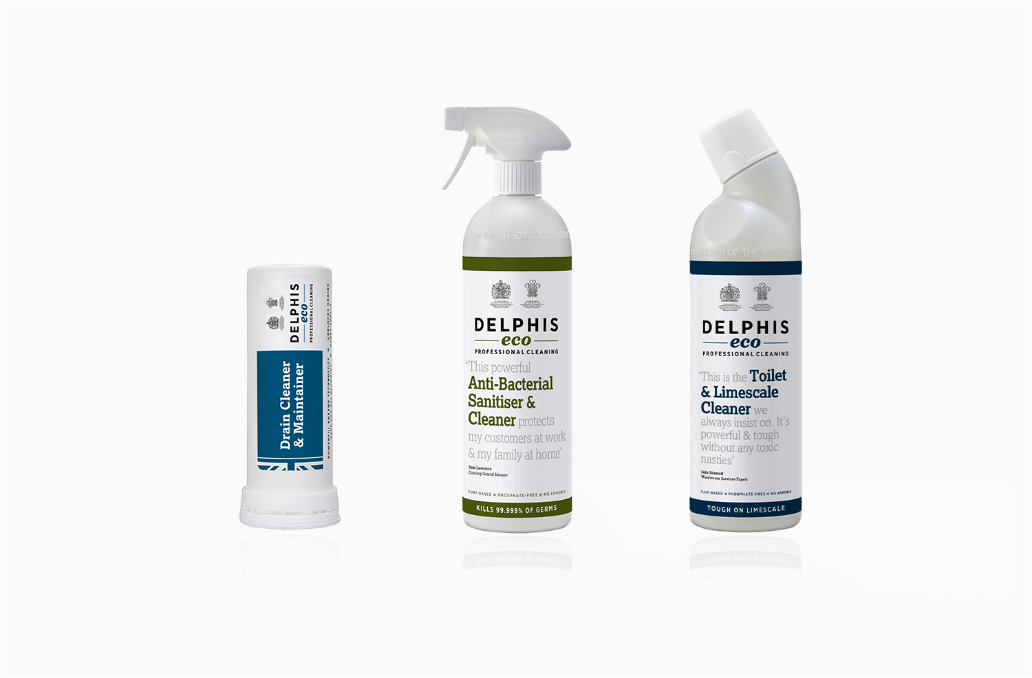 Delphis Eco products Drain Cleaner & Maintainer, Anti-Bacterial Sanitiser & Cleaner, Toilet & Limescale Cleaner.