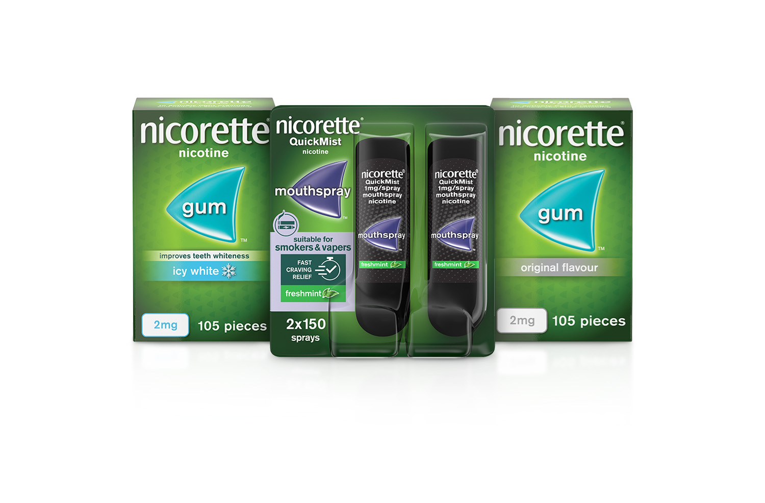 Nicorette Mouthspray Freshmint 1MG 2s, Nicorette Gum Icy White 2MG 105s & Gum Classic 2MG 105s