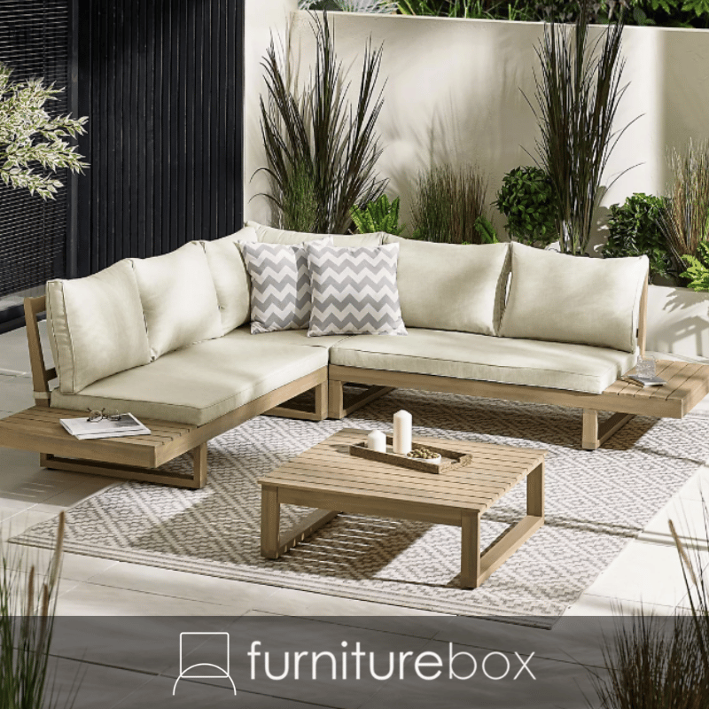 Outdoor garden sofa set with wooden frame and beige cushions, styled on a patio with plants and “Garden Sofa Sale” text overlay.