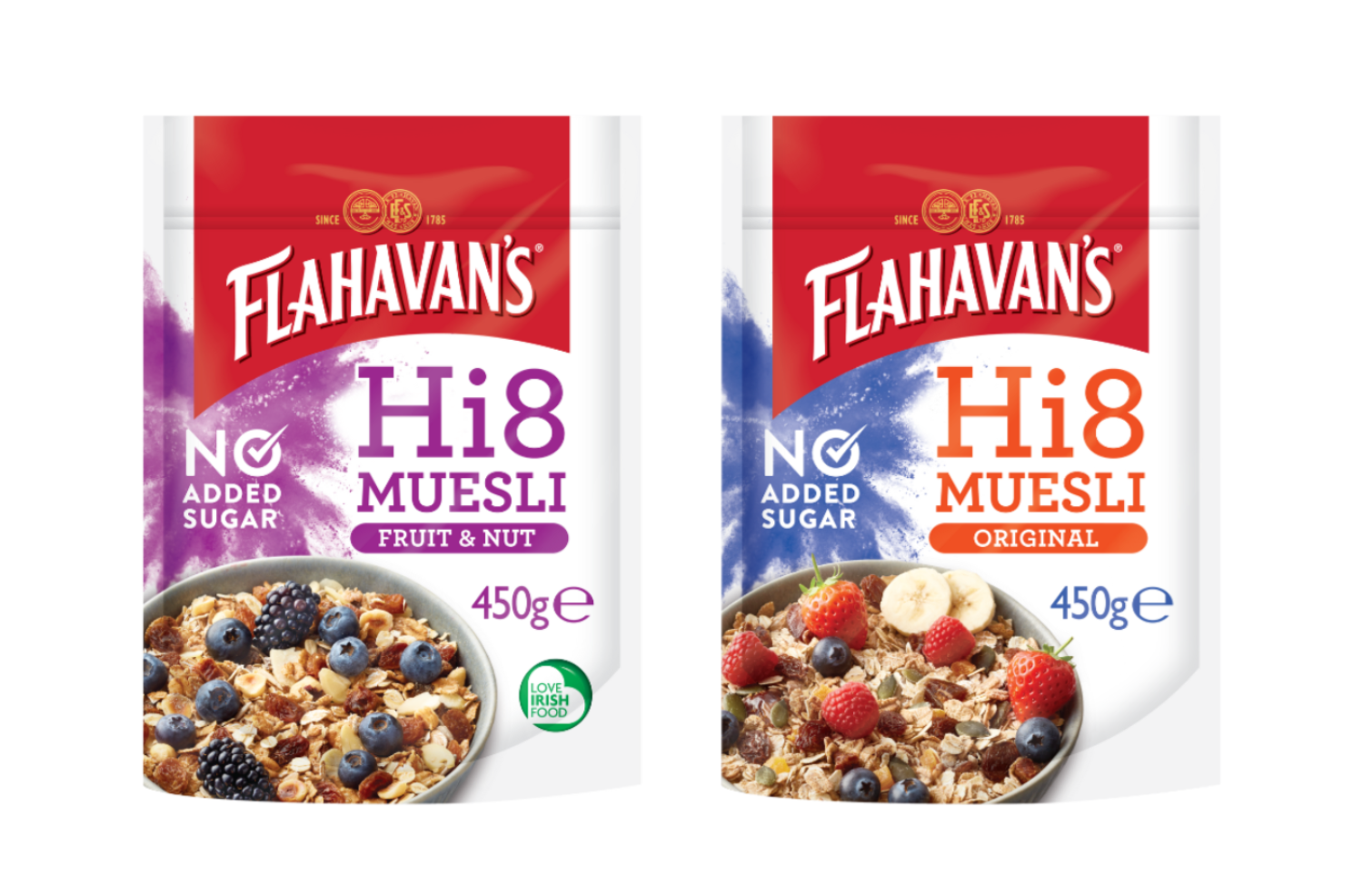 2 pack shots containing flahavan's muesli. with a shop now button